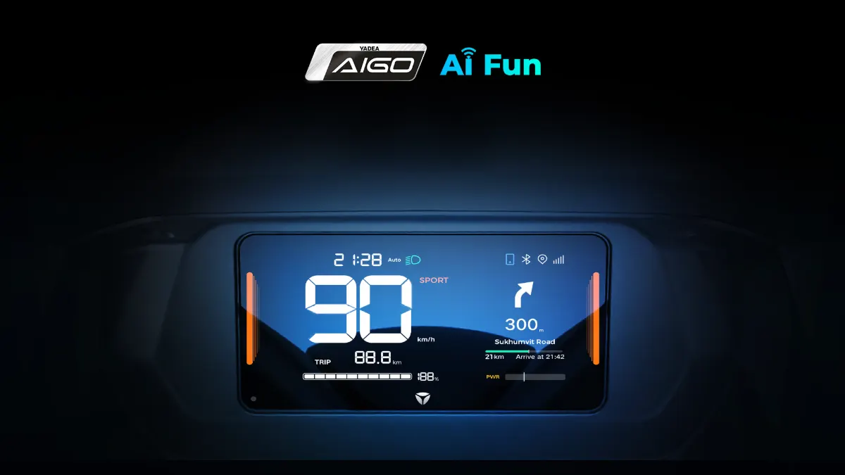 หน้าจอ TFT ของ Yadea GT80 แสดงความเร็ว แบตเตอรี่ และการนำทาง